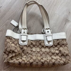 Coach Tan and White Signature Tote Bag